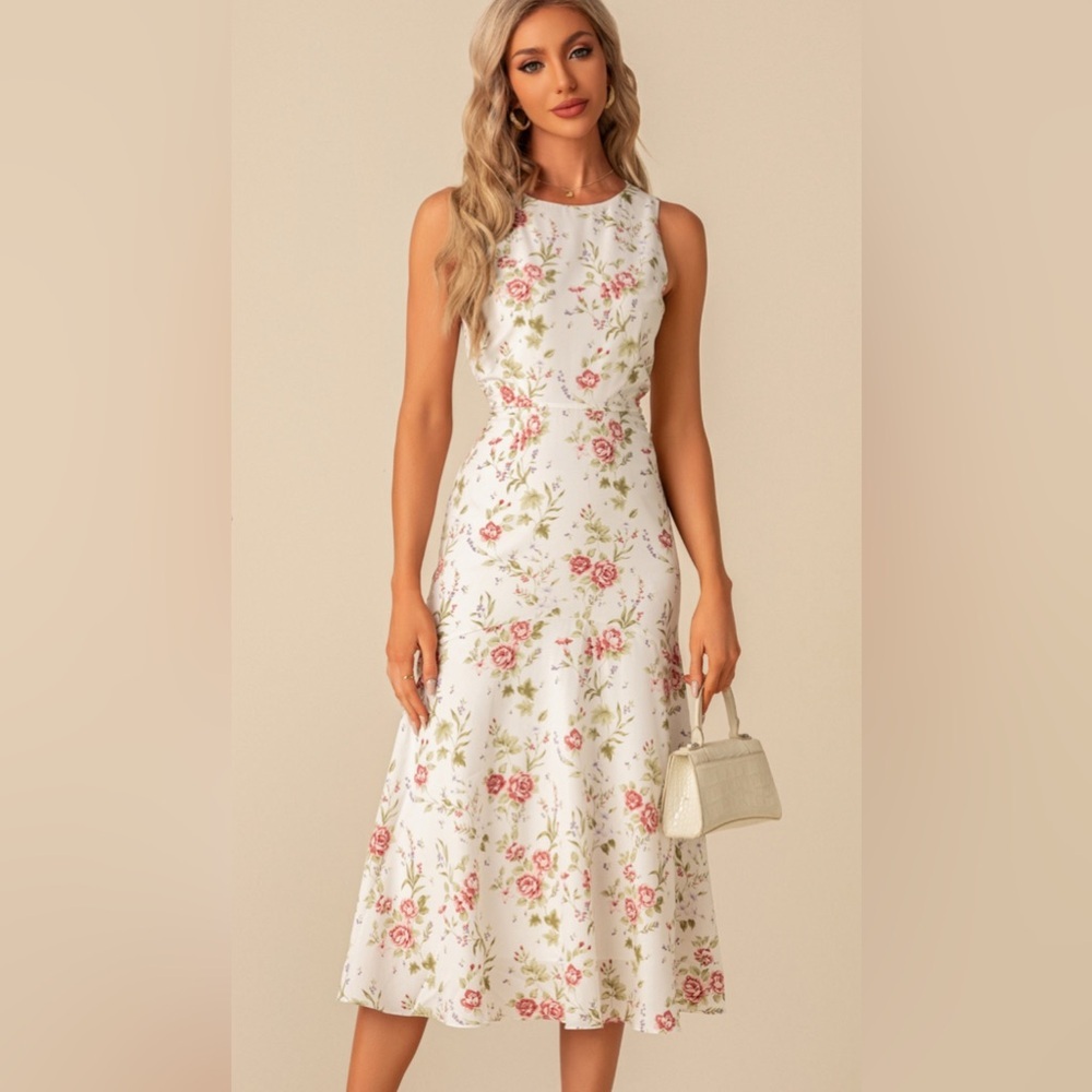 Elegant White Floral Midi Dress - Sleeveless
